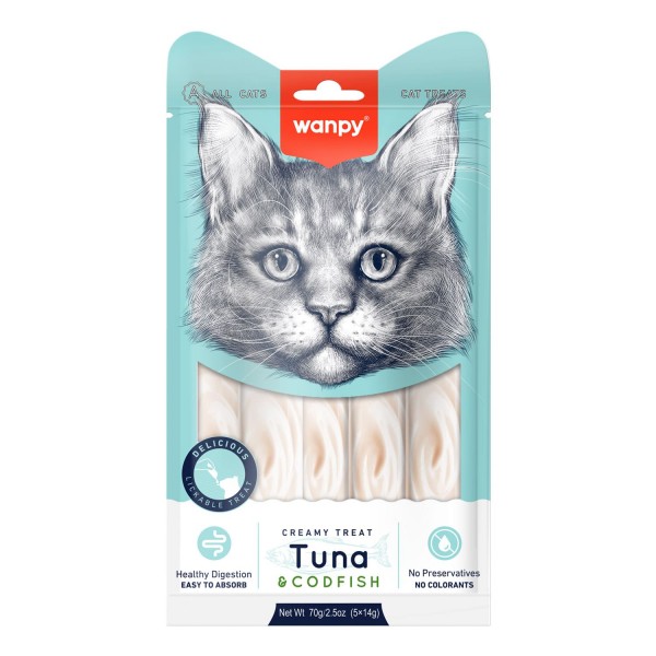 Wanpy Creamy Lickable Treats – Tuna & Codfish (5x14g) –70g 