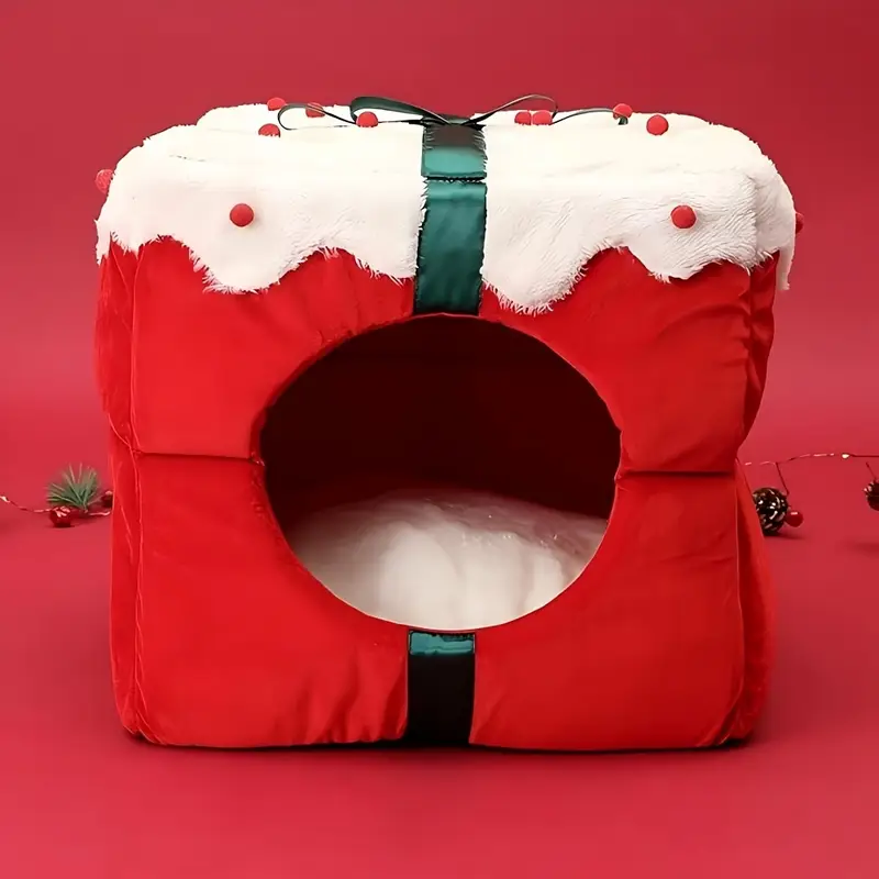Pets.Love.Earth Christmas Present Box Cube Bed - 2 in 1 Collapsible 