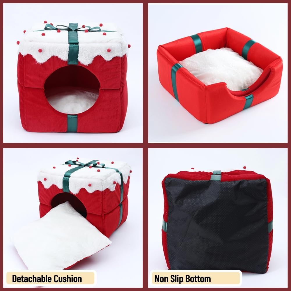 Pets.Love.Earth Christmas Present Box Cube Bed - 2 in 1 Collapsible 