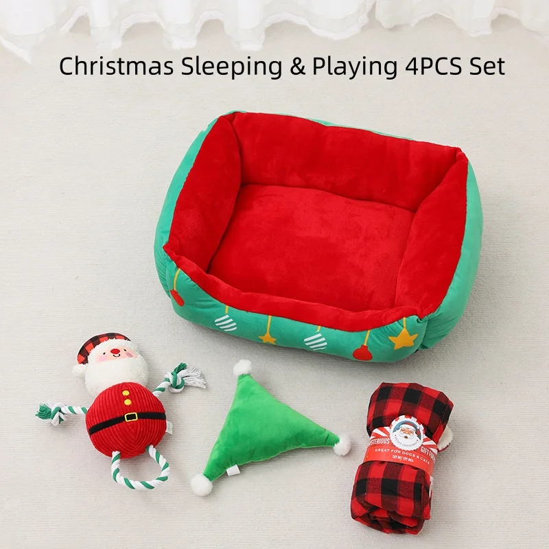 Pets.Love.Earth Christmas Square Bed  - 4 Pc Set   