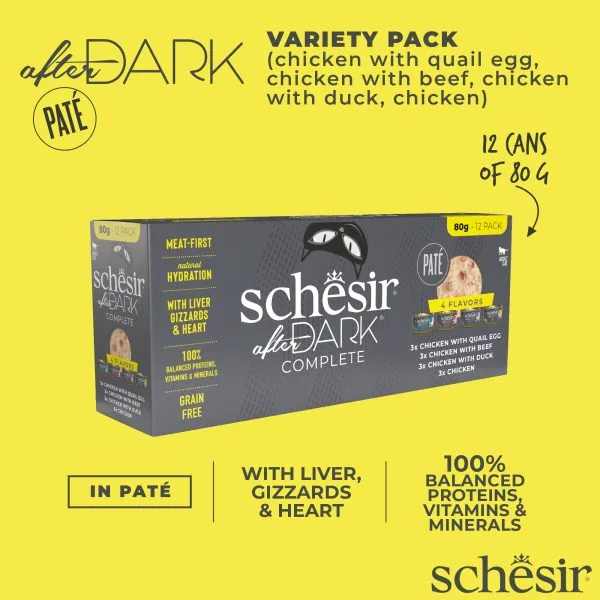 Schesir After Dark Can for Cat Variety Pack In Paté 12X80g (Chicken with Quail Egg, Beef & Duck)