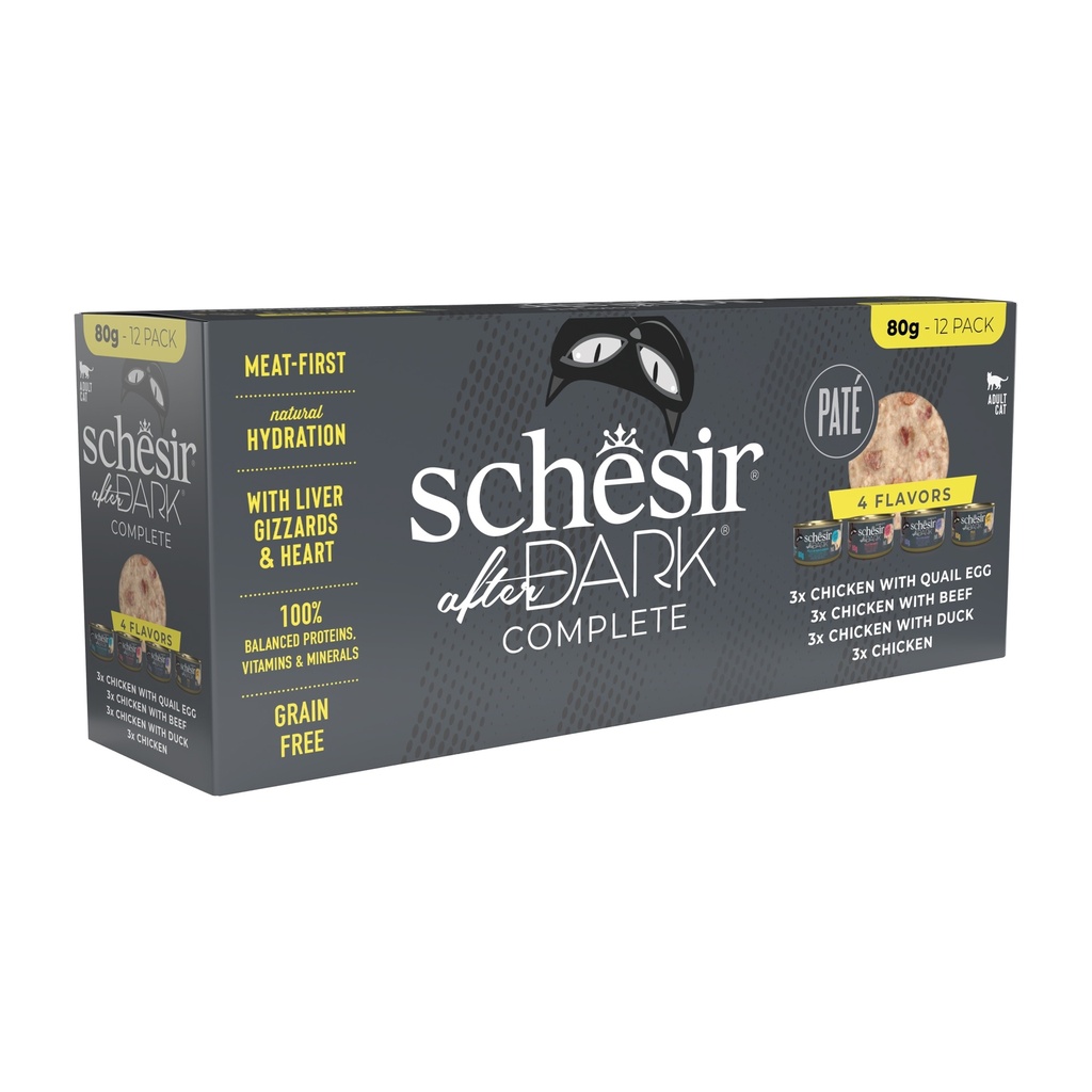 Schesir After Dark Can for Cat Variety Pack In Paté 12X80g (Chicken with Quail Egg, Beef & Duck)