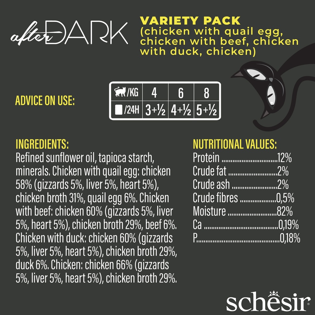 Schesir After Dark Can for Cat Variety Pack in Broth 12X80g (Chicken with Quail Egg, Beef & Duck)