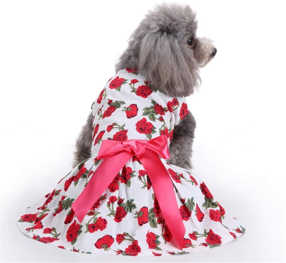 [6083174362642] Pets.Love.Earth White with Roses Ribbon Cozy Sleeveless Dress Red (Small)