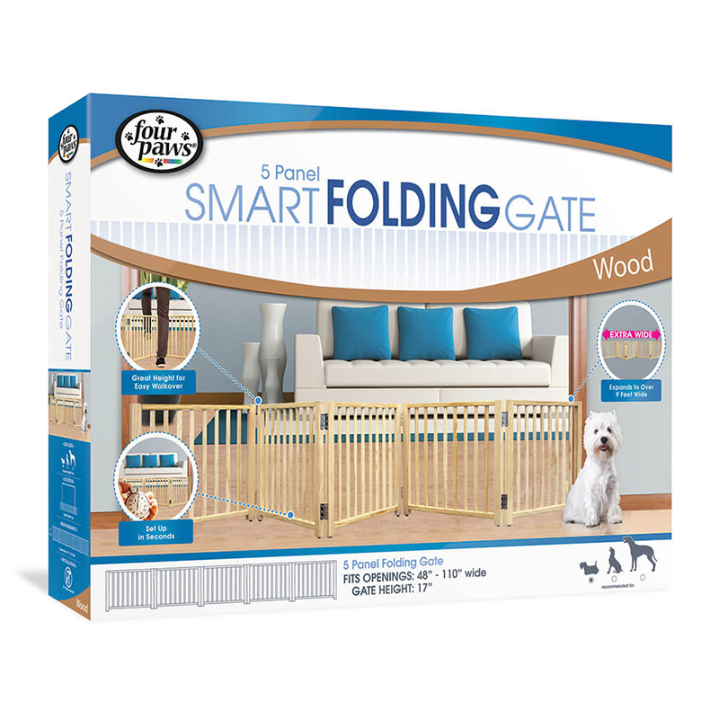 Four Paws® 5 Panel Folding Wooden Gate Smart Folding Wooden Gate (48-110x17 Inches)