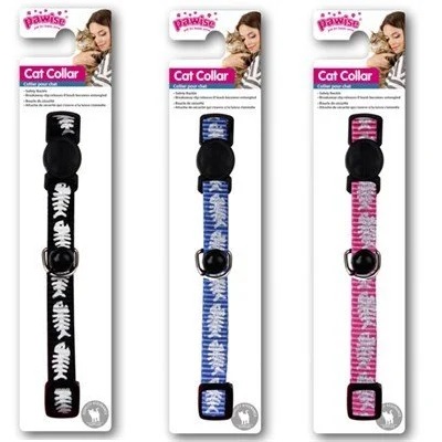 Pawise Cat Collar -Fish Bone, Black/Red/Blue Asst