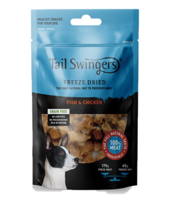 [5206819011557] Tail Swingers مكافآت الكلاب بالسمك والدجاج المجفف بالتجميد 45  جم