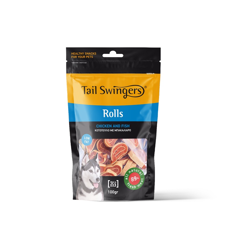 [5206819011137] Tail Swingers لفائف الدجاج والسمك 100  جم