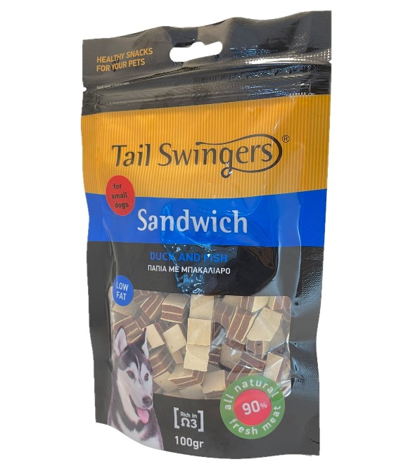 Tail Swingers شطيرة البط والسمك للكلاب الصغيرة 100 جم