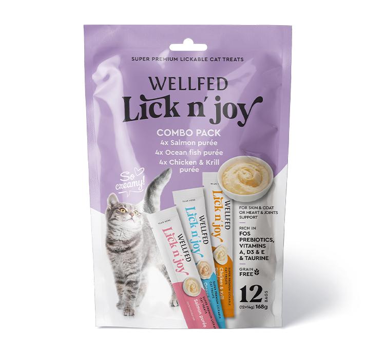 Pet Interest Wellfed Lick N’ Joy Combo Pack – Salmon, Ocean Fish & Chicken & Krill Cat Puree, 168g (12 x 14g)