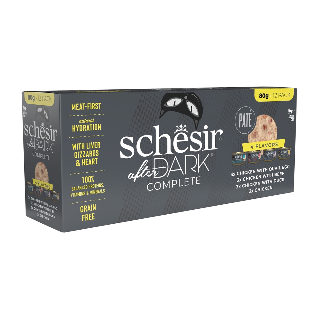 Schesir After Dark Can for Cat Variety Pack In Paté 12X80g (Chicken with Quail Egg,Beef & Duck)