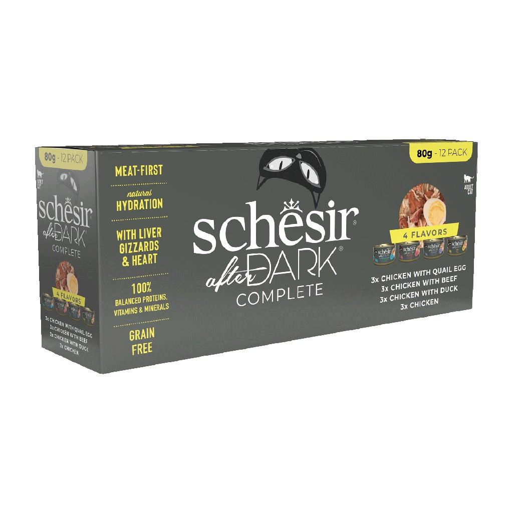 Schesir After Dark Can for Cat Variety Pack in Broth 12X80g (Chicken with Quail Egg, Beef & Duck)
