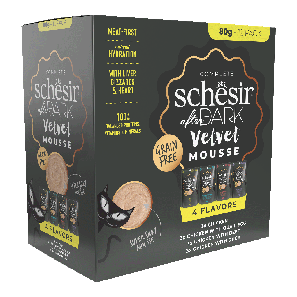 Schesir After Dark Pouch for Cat Variety Pack in Velvet Mousse12X80g (Chicken with Quail Egg, Beef & Duck)