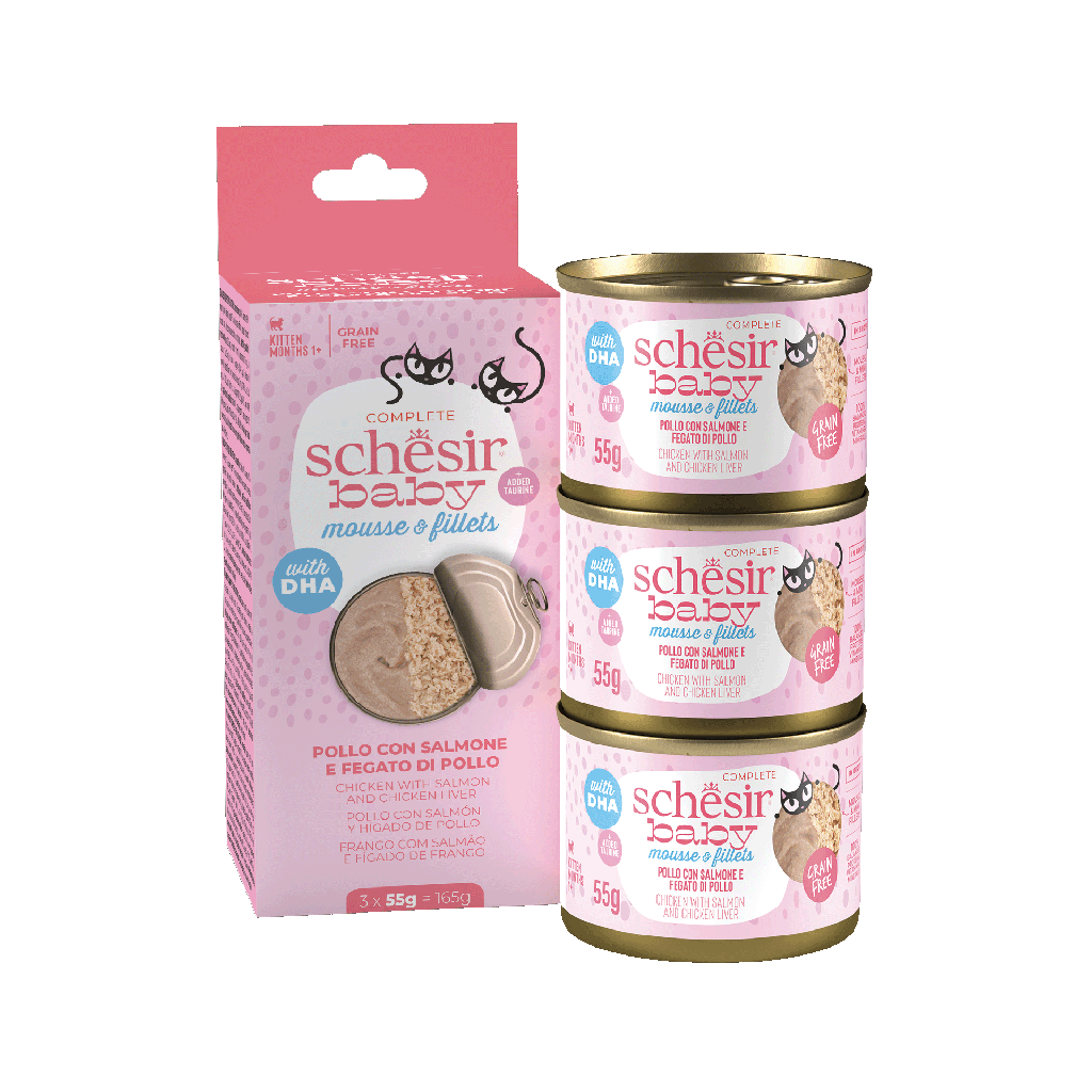 Schesir Baby Kitten Can Chicken with Salmon and Chicken Liver in Mousse & fillets 3x55g