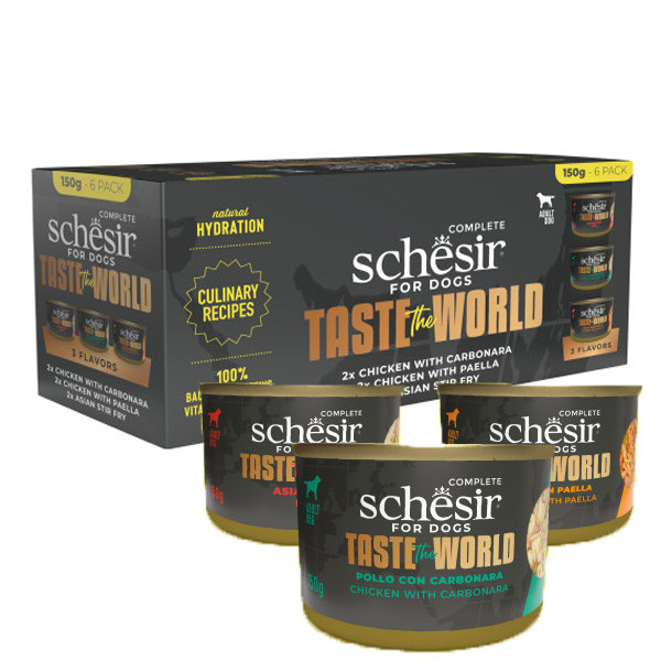 Schesir Taste The World Dog Variety Pack – Cans (Chicken with Carbonara, Paella & Asian Stir Fry) 6 x 150g