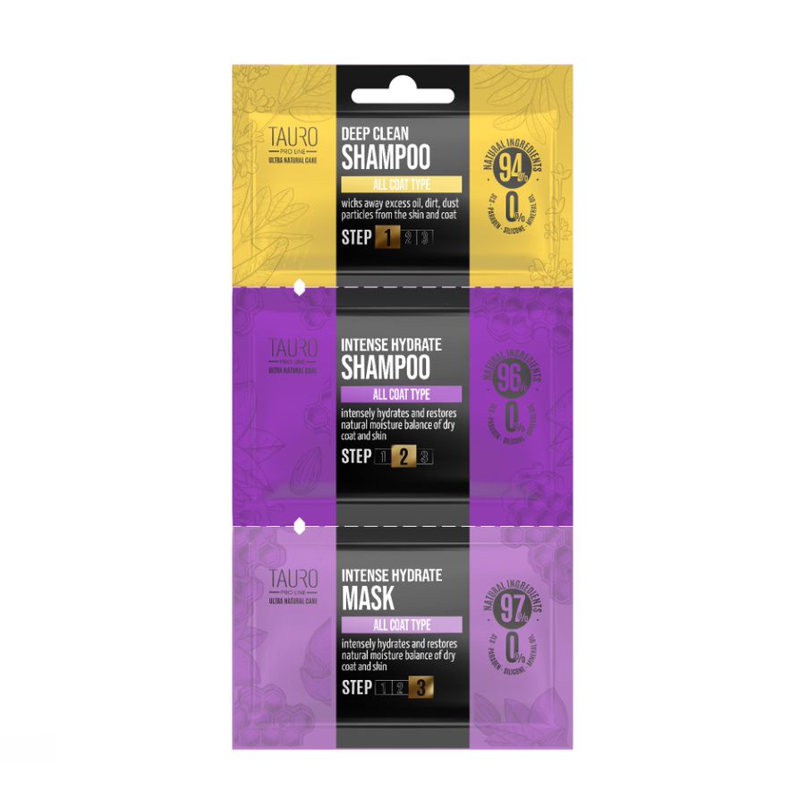 Tauro Pro Line Pure Nature Deep Clean Shampoo + Intense Hydrate Shampoo & Mask 6X8X4ml