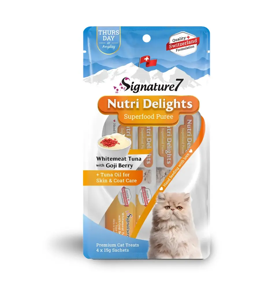 S7 Nutri Delights White Meat Tuna With Goji Berry + Tuna Oil For Skin & Coat Care - Puree - (4x15g) 60g 