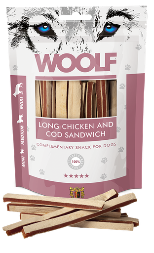 [8594178550396] Woolf Long Chicken And Cod Sandwich – 100g 