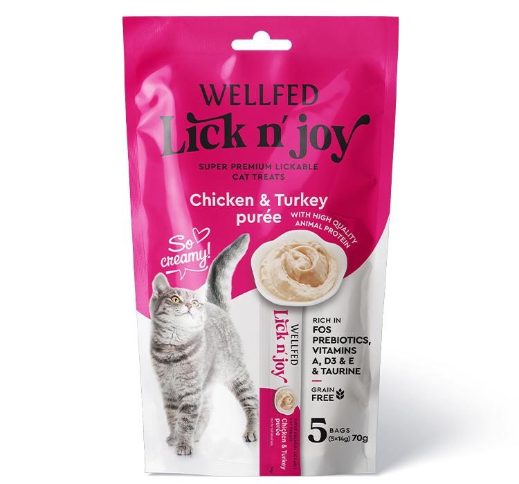 [5206819210844] Pet Interest Wellfed Lick N’ Joy Chicken and Turkey Puree 70g (5x14g) For Cat