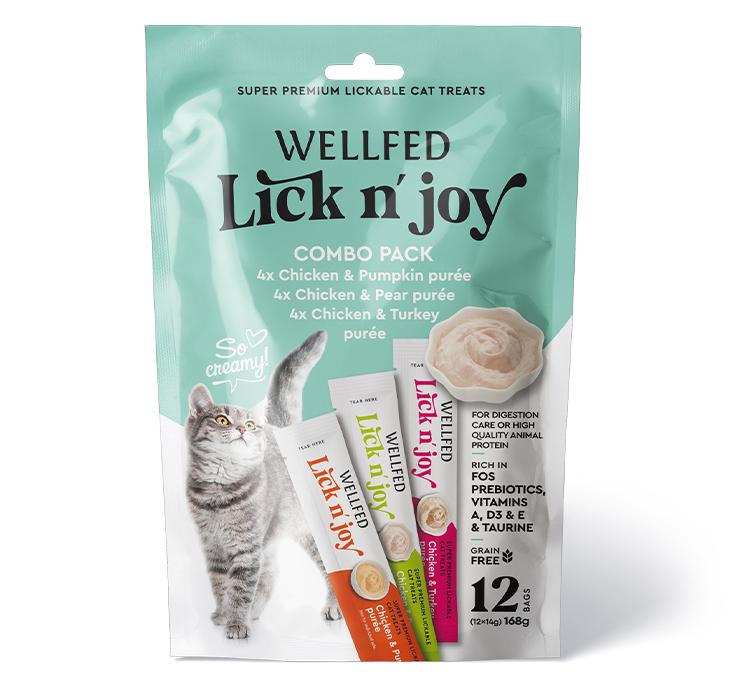 Pet Interest Wellfed Lick N’ Joy Combo Pack – Chicken & Turkey, Chicken & Pear, Chicken & Pumpkin Cat Puree, 168g (12 x 14g)