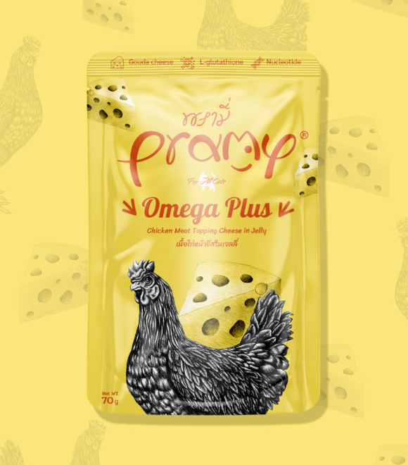 Pramy Chicken Meat Topping Cheese in Jelly Omega Plus Pouch 70g