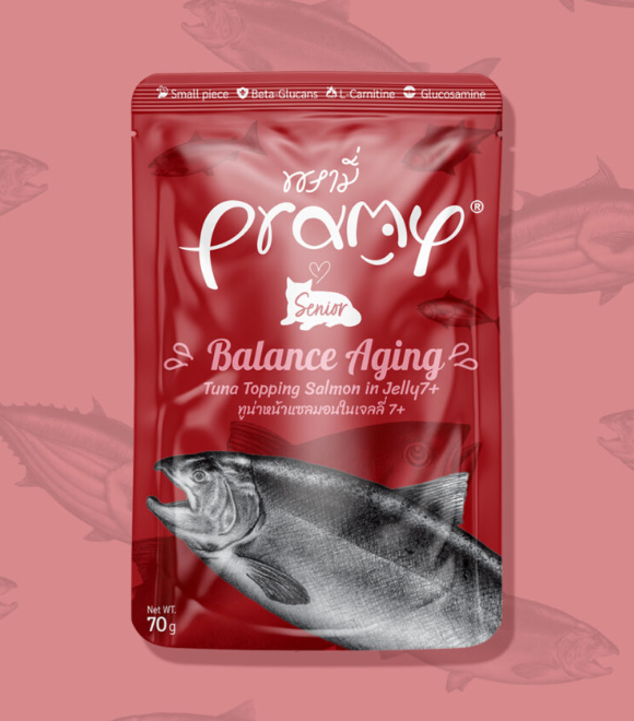 [8859601044393] Pramy Tuna Topping Salmon in Jelly 7+ Balance Aging Pouch 70g (1  عبوة)