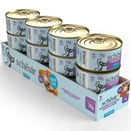 [8005852911360] Schesir Can For Cat Sardine and Mackerel Fillets with Squids in Sauce 70g (12 Can)