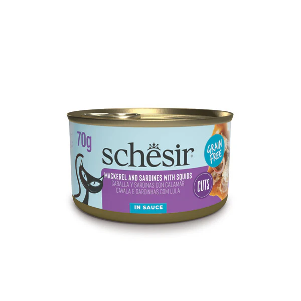 Schesir Can For Cat Sardine and Mackerel Fillets with Squids in Sauce 70g