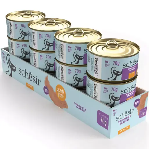 Schesir Can For Cat Sardine and Mackerel Fillets with Squids in Pate 70g (12  علبة)