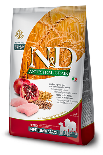 [8010276036414] Farmina N&D Ancestral Grain Canine - Chicken & Pomegranate Senior Medium/Maxi Dry Dog Food 2.5 kg