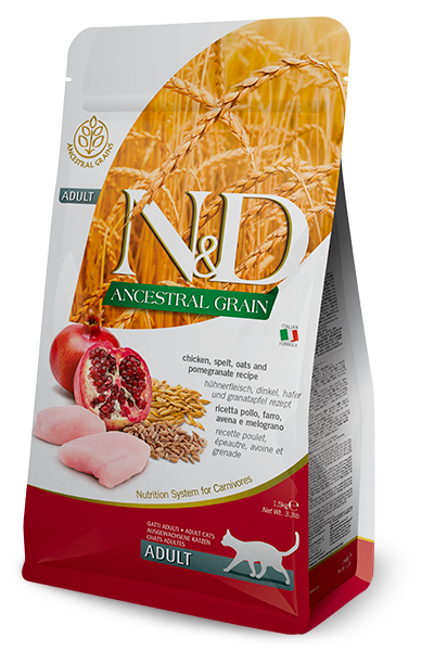 [8010276021540] Farmina N&D Ancestral Grain Feline - Chicken, Spelt, Oats & Pomegranate Adult (٣٠٠  جرام)