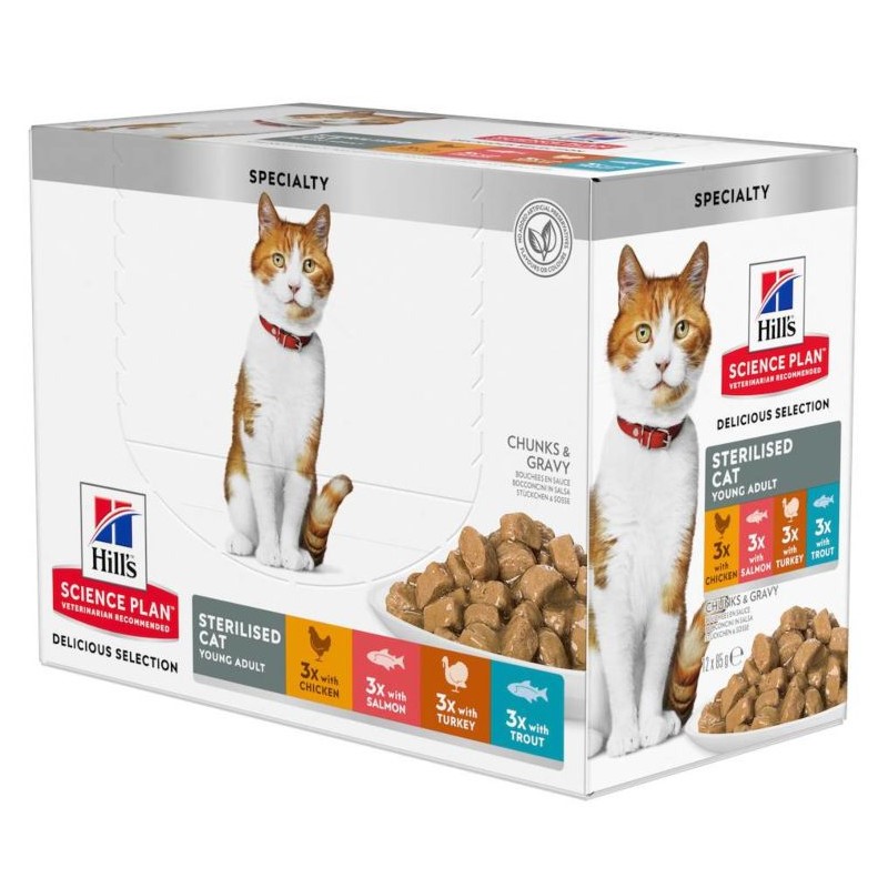 Hill's Science Plan Feline Adult Sterilised Variety Pack – Pouches (Chicken, Fish, Trout & Turkey) 12 x 85g