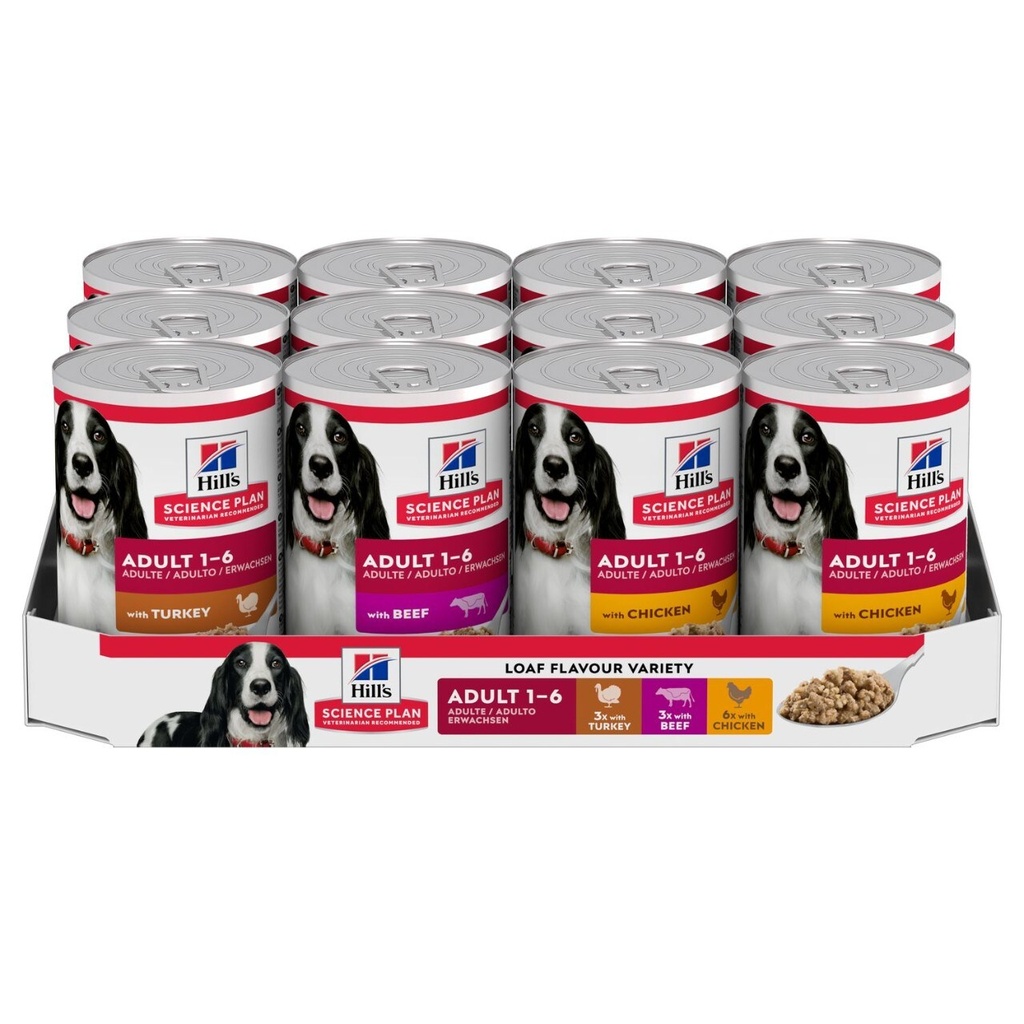 Hill's Science Plan Canine Adult Variety Pack – Cans (Chicken, Turkey & Beef) 12 x 370g