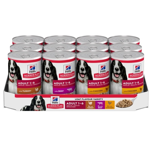 Hill's Science Plan Canine Adult Variety Pack – Cans (Chicken, Turkey & Beef) 12 x 370g