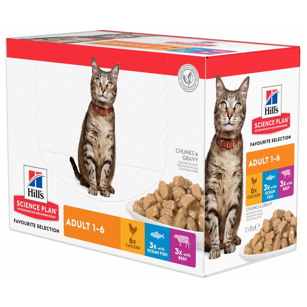 Hill's Science Plan Feline Adult Variety Pack – Pouches (Chicken & Ocean Fish & Beef ) 12 x 85g 