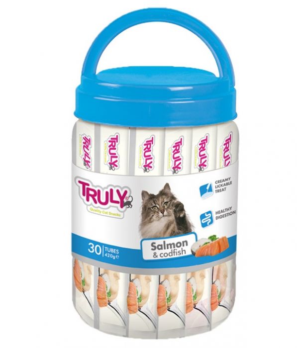 Truly Creamy Lickable Cat Treats – Salmon & Codfish Jar (30 x 14g)