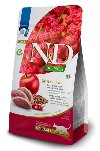 [8010276041555] Farmina N&D Quinoa Feline - Hairball Control -  Duck, Quinoa, Apple & Cranberry Adult  (300gm)