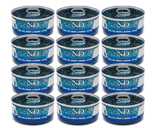 Farmina N&D Ocean Feline - Tuna, Cod, Shrimp & Pumpkin Canned Kitten 70g (12  علبة)