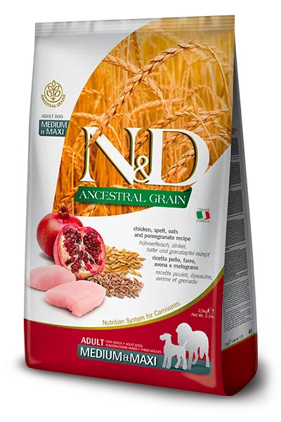 [8010276038135] Farmina N&D Ancestral Grain Canine - Chicken, Spelt, Oats & Pomegranate Adult Medium/Maxi (١٥  كيلوجرام)