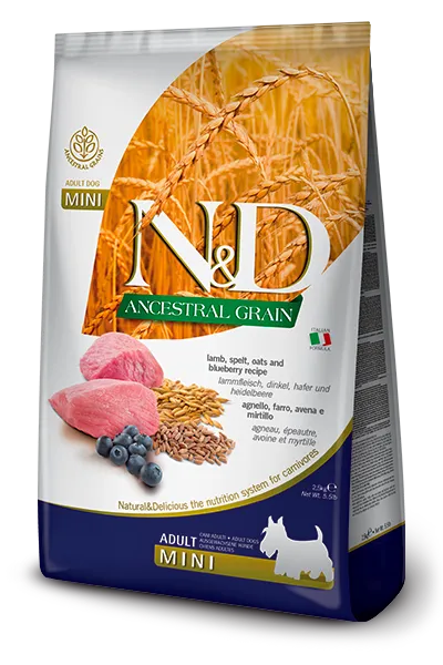 [8010276022103] Farmina N&D Ancestral Grain Canine -  Lamb, spelt, oats & blueberry Adult Mini (٢.٥  كيلوجرام)