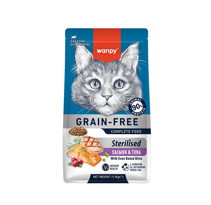 Wanpy Grain-Free Sterilised Cats Dry Food (Oven Baked Bites) - Salmon and Tuna