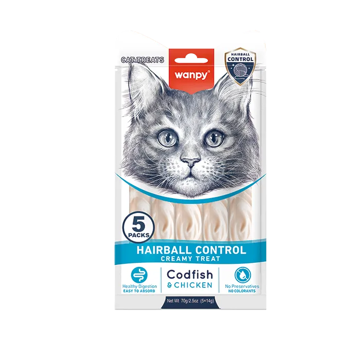 Wanpy Creamy Hairball Control Treats – Codfish & Chicken (5x14g) – 70g