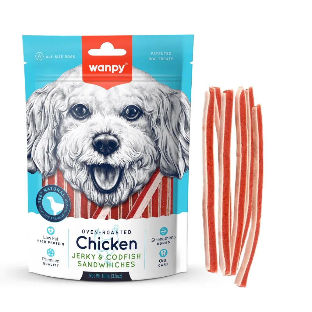 Wanpy Dog Oven-Roasted Chicken Jerky & Codfish Sandwiches 100g