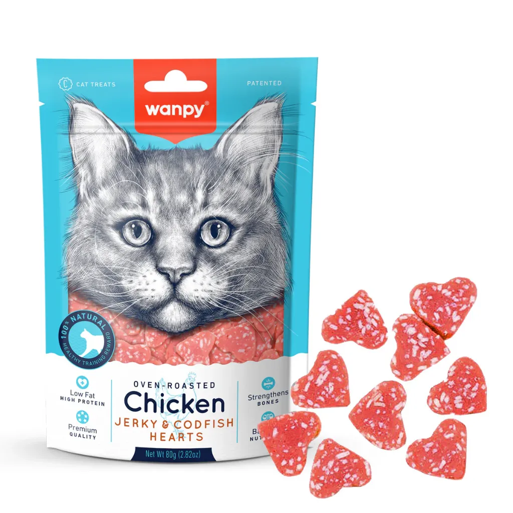 Wanpy Cat Oven-Roasted Chicken Jerky & Codfish Hearts 80g