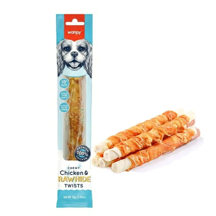 Wanpy Dog Chewy 10″ Chicken Jerky & Rawhide Twists 70g