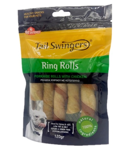 [5206819110830] Pet Interest Tail Swingers Ring Rolls Porkhide Sticks with Chicken 120g