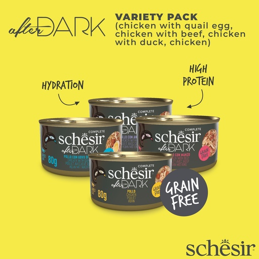 [8005852519948] Schesir After Dark Can for Cat Variety Pack in Broth 12X80g (Chicken with Quail Egg, Beef & Duck)