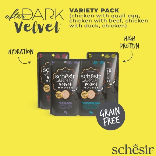 [8005852539946] Schesir After Dark Pouch for Cat Variety Pack in Velvet Mousse12X80g (Chicken with Quail Egg, Beef & Duck)