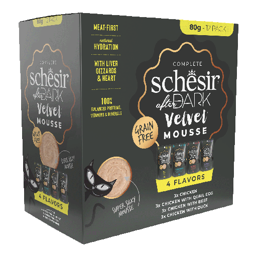 [8005852539946] Schesir After Dark Pouch for Cat Variety Pack in Velvet Mousse12X80g (Chicken with Quail Egg, Beef & Duck)