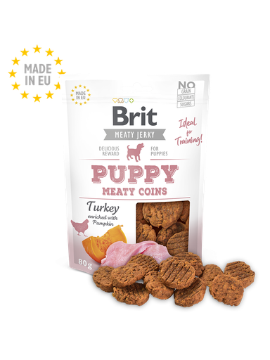 [8595602543830] Brit Meaty Jerky - Turkey & Chicken Meaty Coins – 80g for Puppies